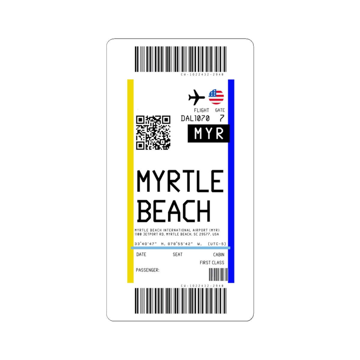 Myrtle Beach International Airport (MYR) Boarding Pass Sticker — Travel Luggage Decal