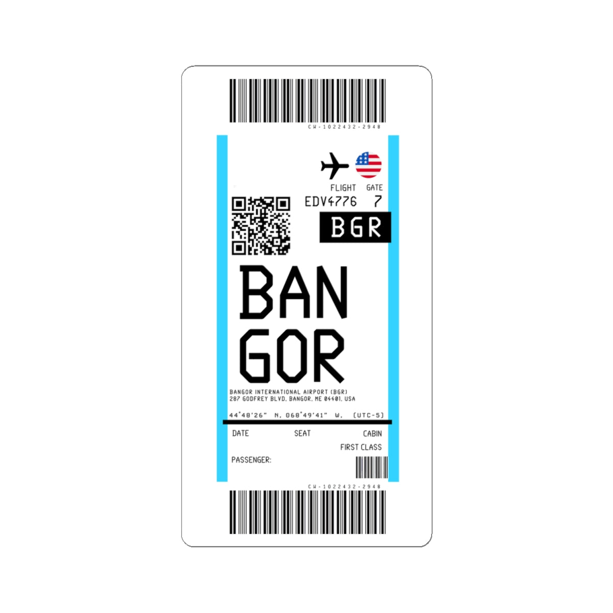 Bangor International Airport (BGR) Boarding Pass Sticker — Travel Luggage Decal