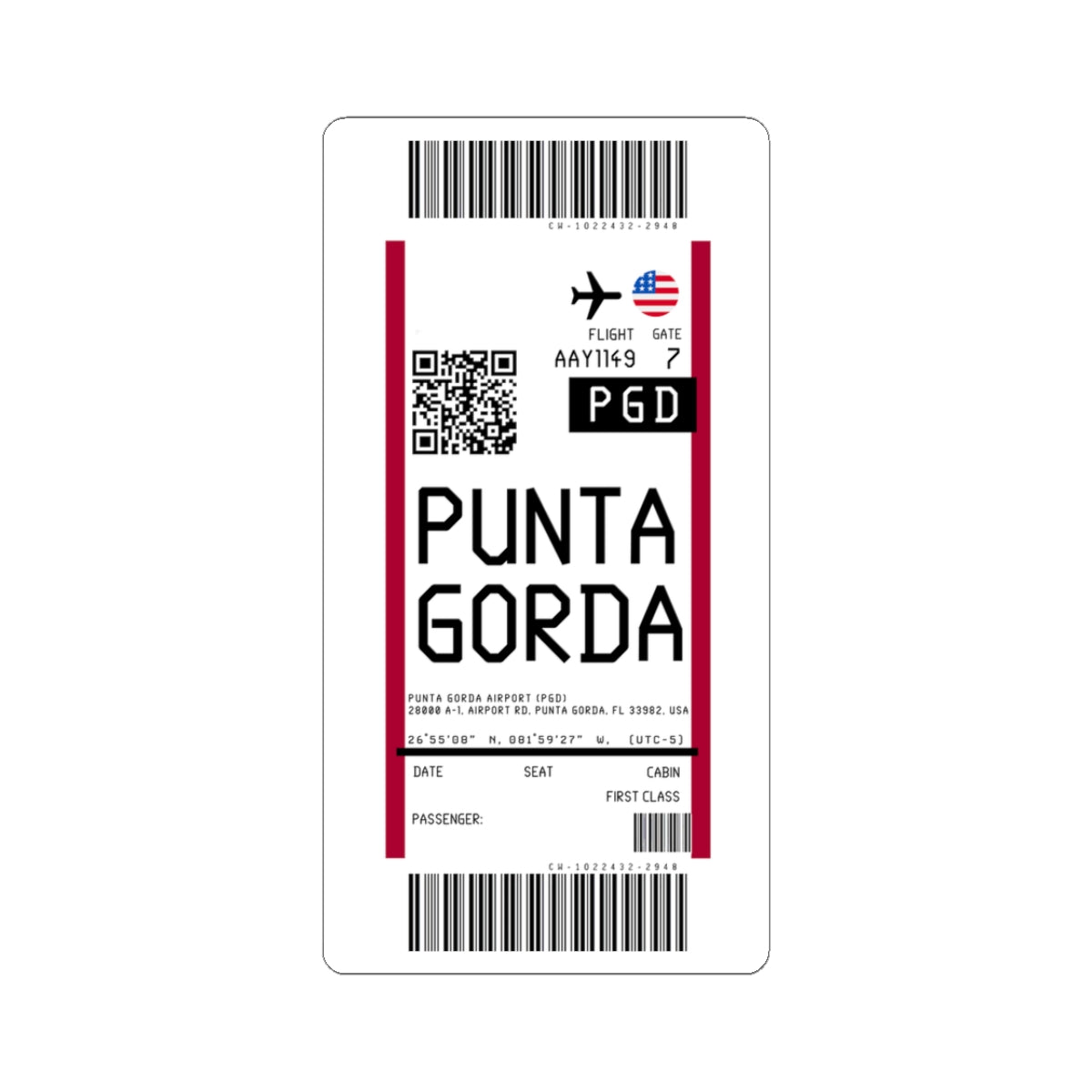 Punta Gorda Airport (PGD) Boarding Pass Sticker — Travel Luggage Decal