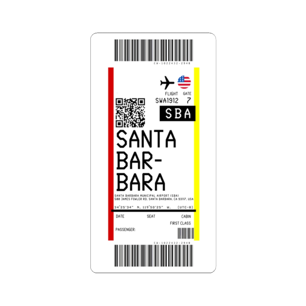Santa Barbara Municipal Airport (SBA) Boarding Pass Sticker — Travel Luggage Decal