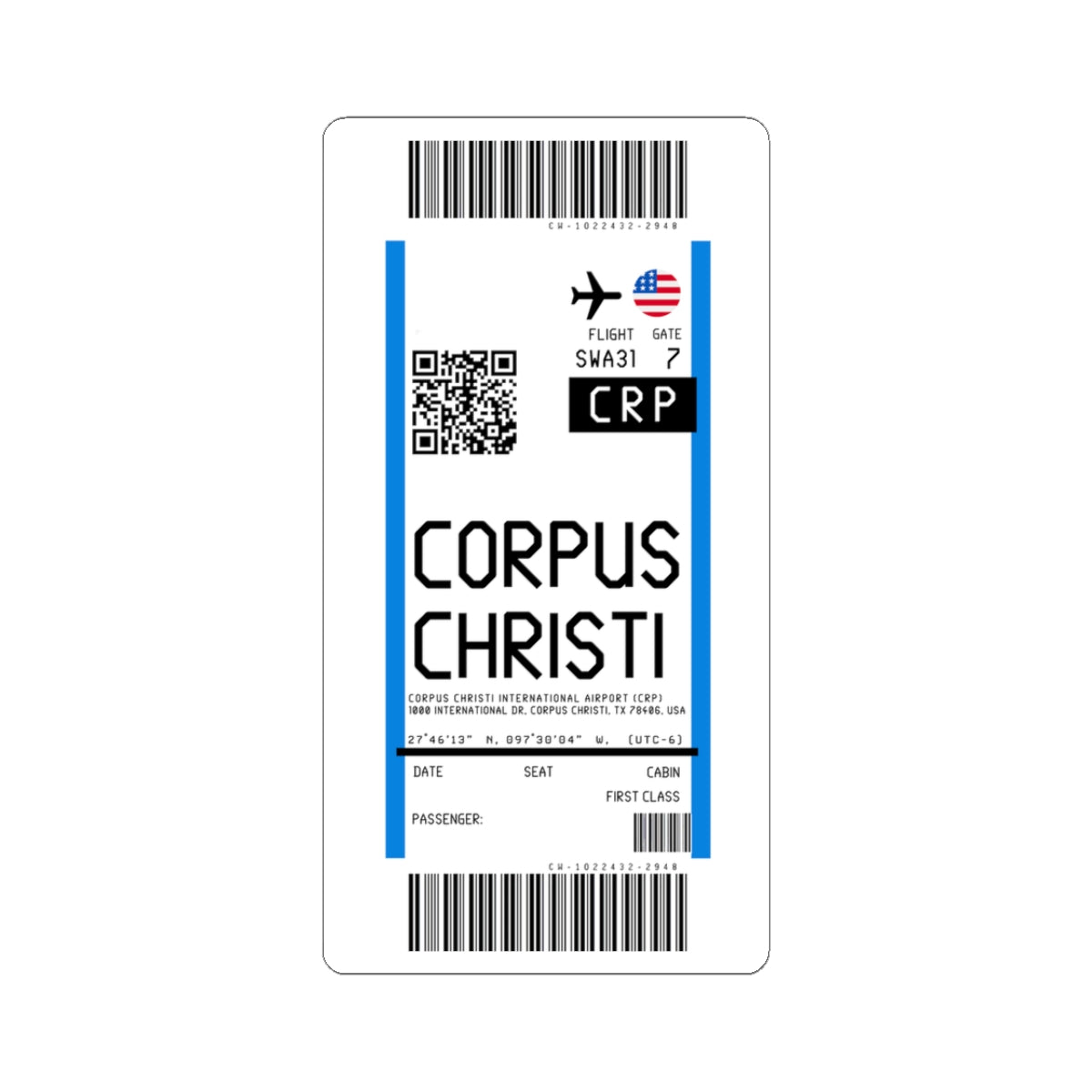 Corpus Christi International Airport (CRP) Boarding Pass Sticker — Travel Luggage Decal