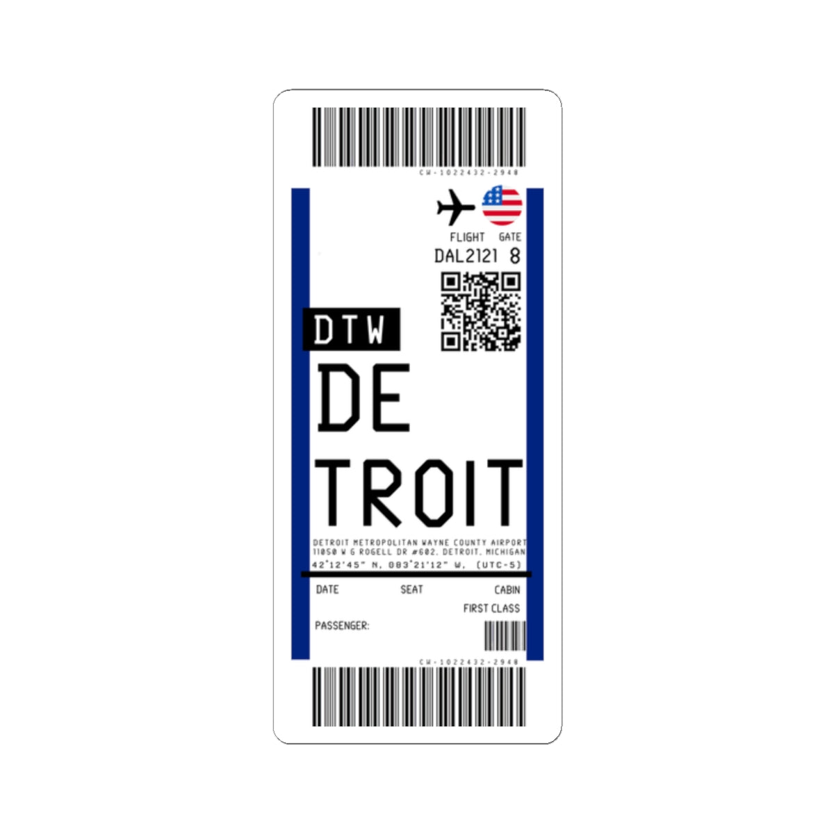 Detroit Metropolitan Wayne County Airport (DTW) Boarding Pass Sticker — Travel Luggage Decal
