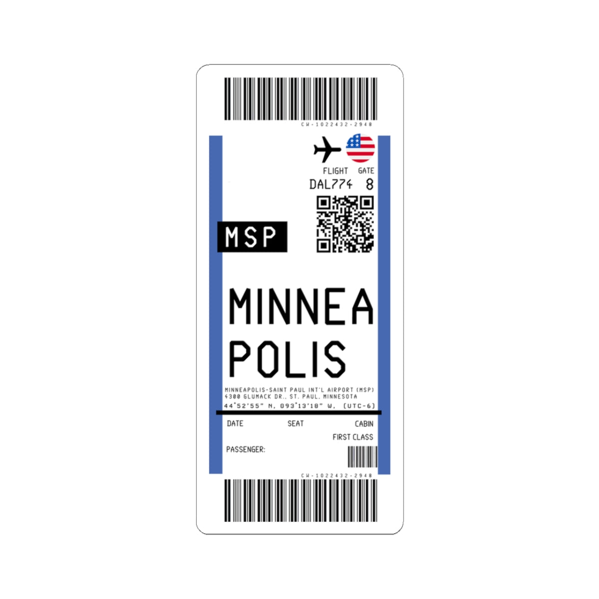 Minneapolis–Saint Paul International Airport (MSP) Boarding Pass Sticker — Travel Luggage Decal