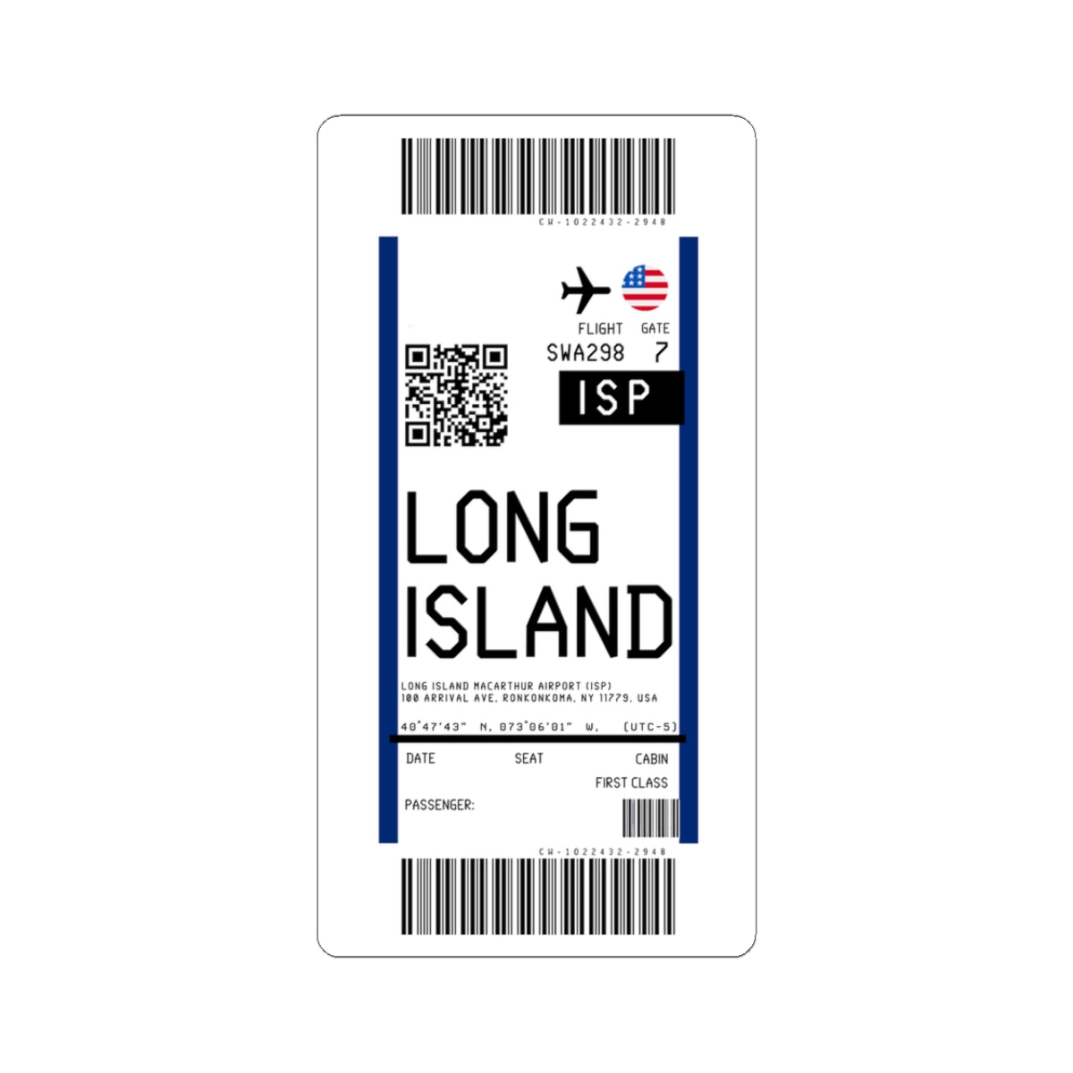 Long Island MacArthur Airport (ISP) Boarding Pass Sticker — Travel Luggage Decal