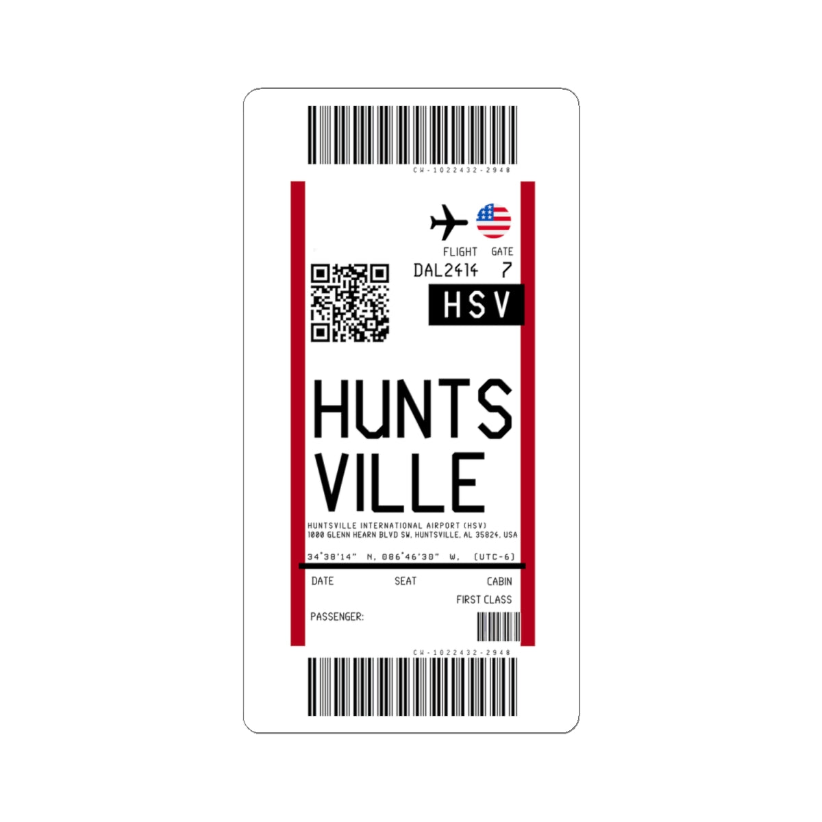 Huntsville International Airport (HSV) Boarding Pass Sticker — Travel Luggage Decal