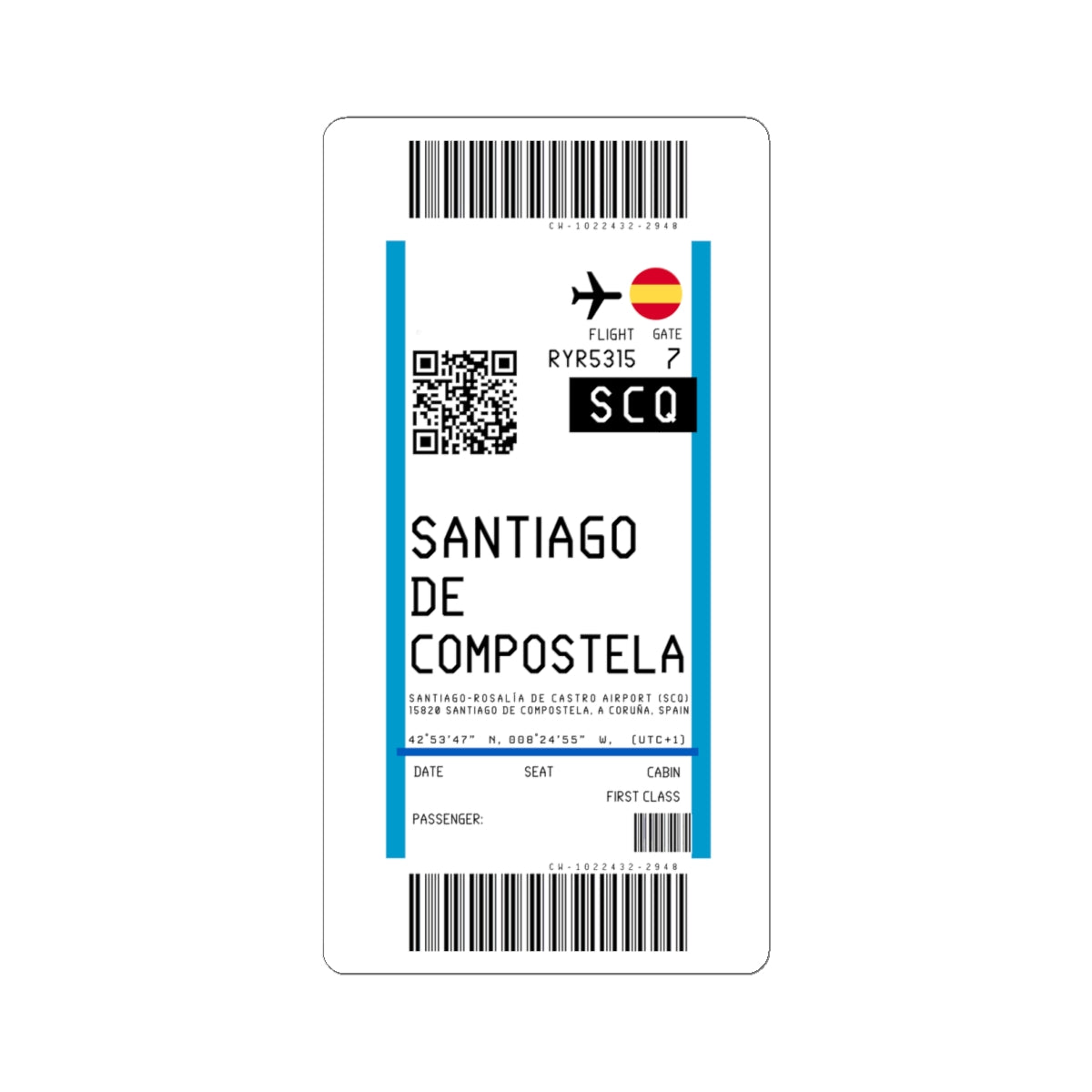 Santiago-Rosalía de Castro Airport (SCQ) Boarding Pass Sticker — Travel Luggage Decal