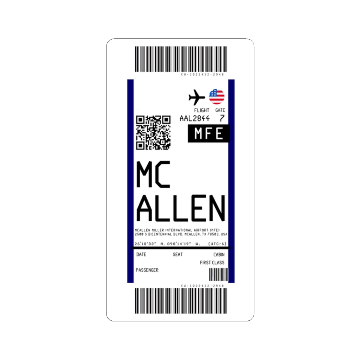 McAllen Miller International Airport (MFE) Boarding Pass Sticker — Travel Luggage Decal