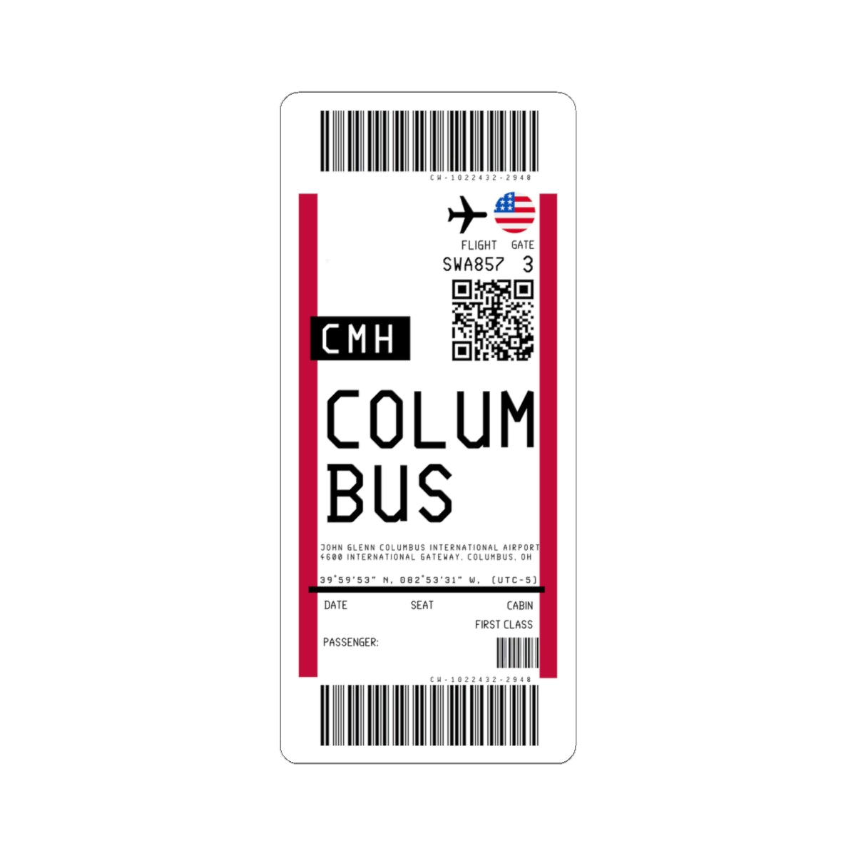 John Glenn Columbus International Airport (CMH) Boarding Pass Sticker — Travel Luggage Decal