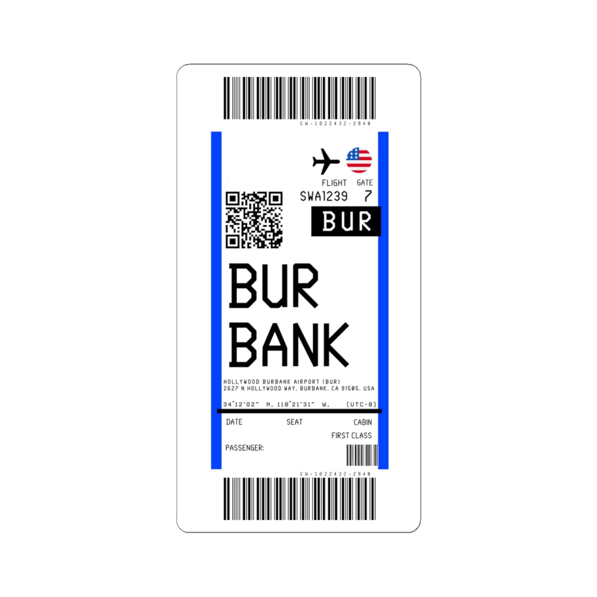 Hollywood Burbank Airport (BUR) Boarding Pass Sticker — Travel Luggage Decal