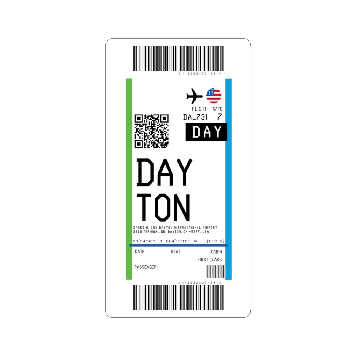 Dayton International Airport (DAY) Boarding Pass Sticker — Travel Luggage Decal