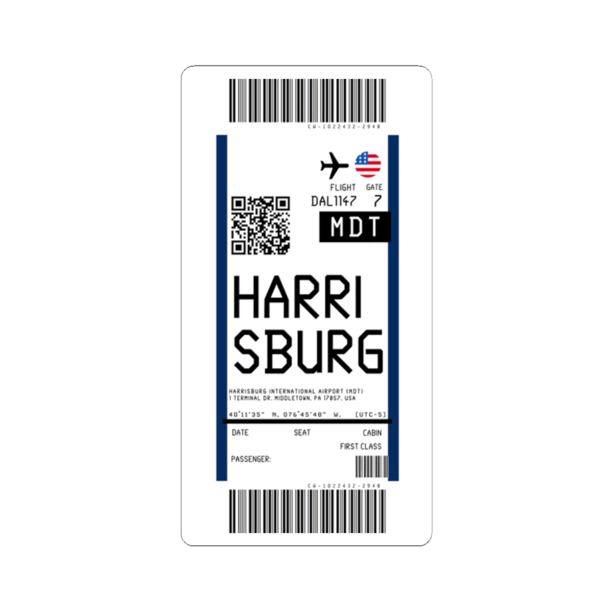 Harrisburg International Airport (MDT) Boarding Pass Sticker — Travel Luggage Decal