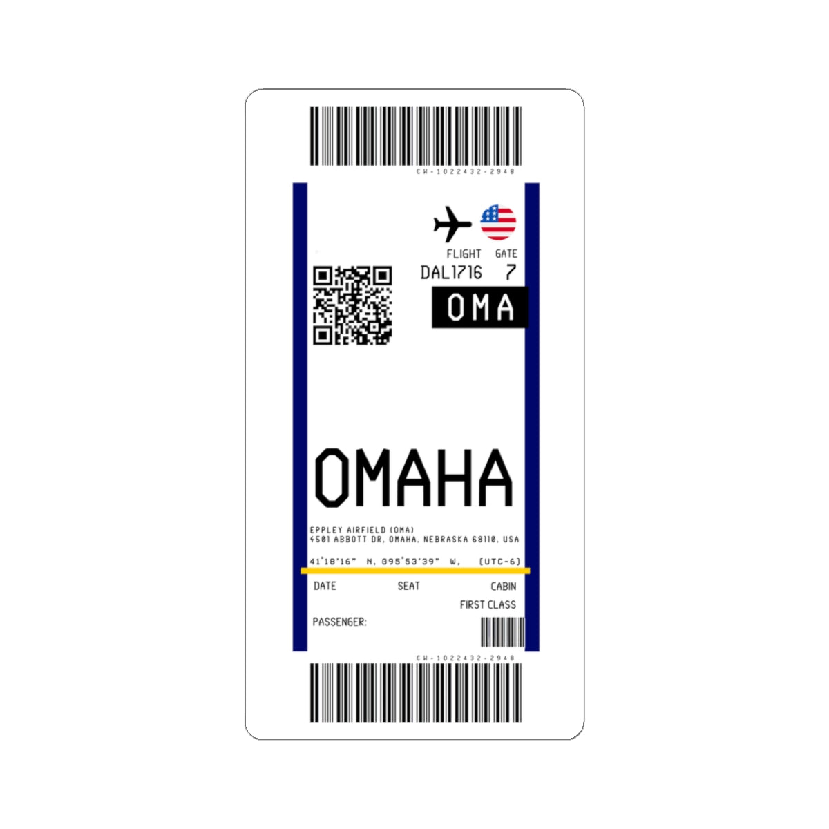 Omaha Eppley Airfield (OMA) Boarding Pass Sticker — Travel Luggage Decal