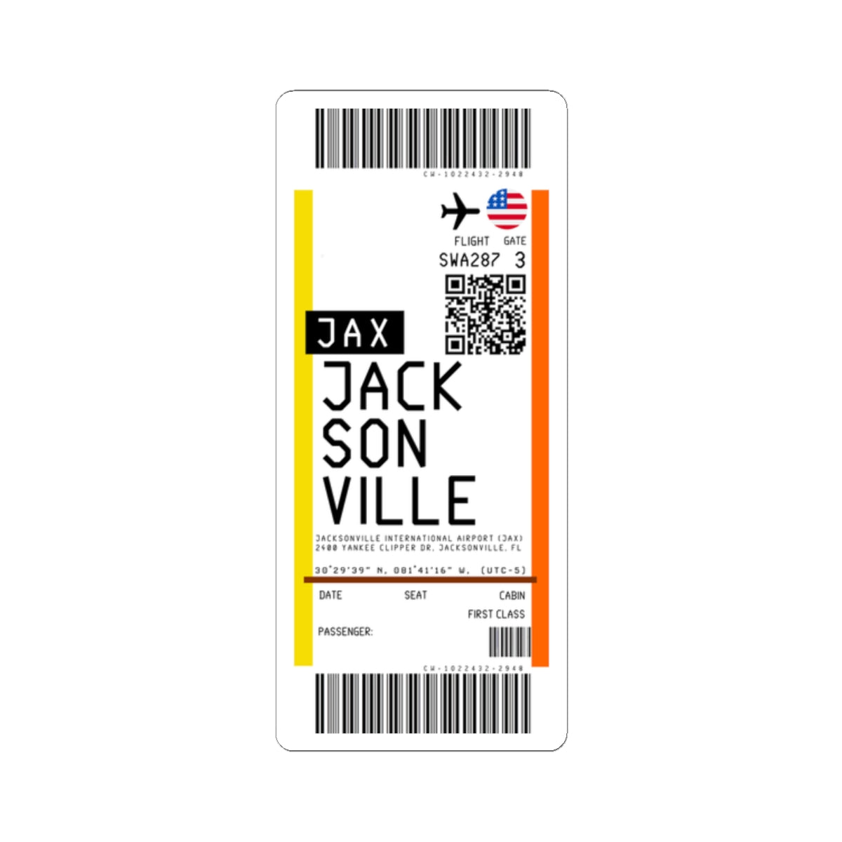 Jacksonville International Airport (JAX) Boarding Pass Sticker — Travel Luggage Decal
