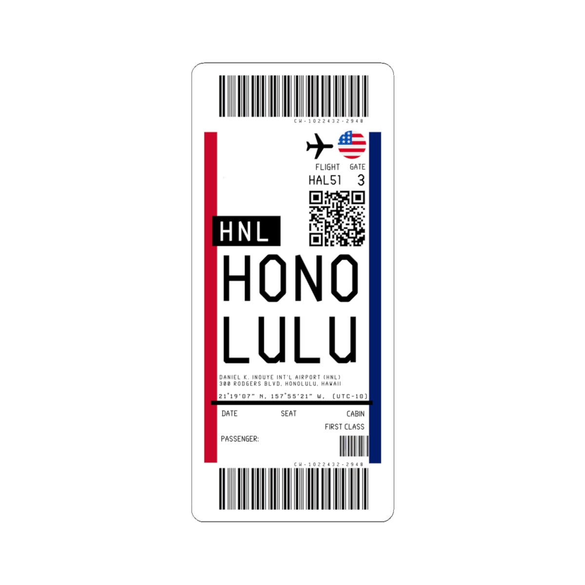 Daniel K. Inouye International Airport (HNL) Boarding Pass Sticker — Travel Luggage Decal