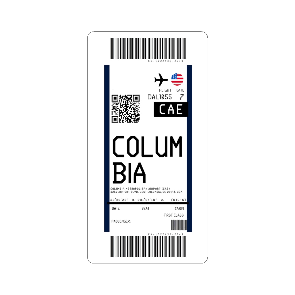 Columbia Metropolitan Airport (CAE) Boarding Pass Sticker — Travel Luggage Decal