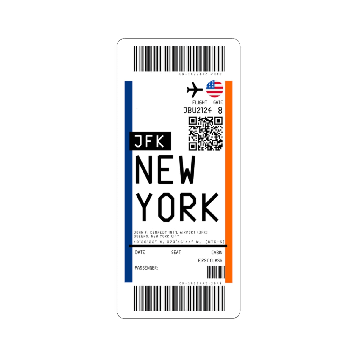 John F. Kennedy International Airport (JFK) Boarding Pass Sticker — Travel Luggage Decal