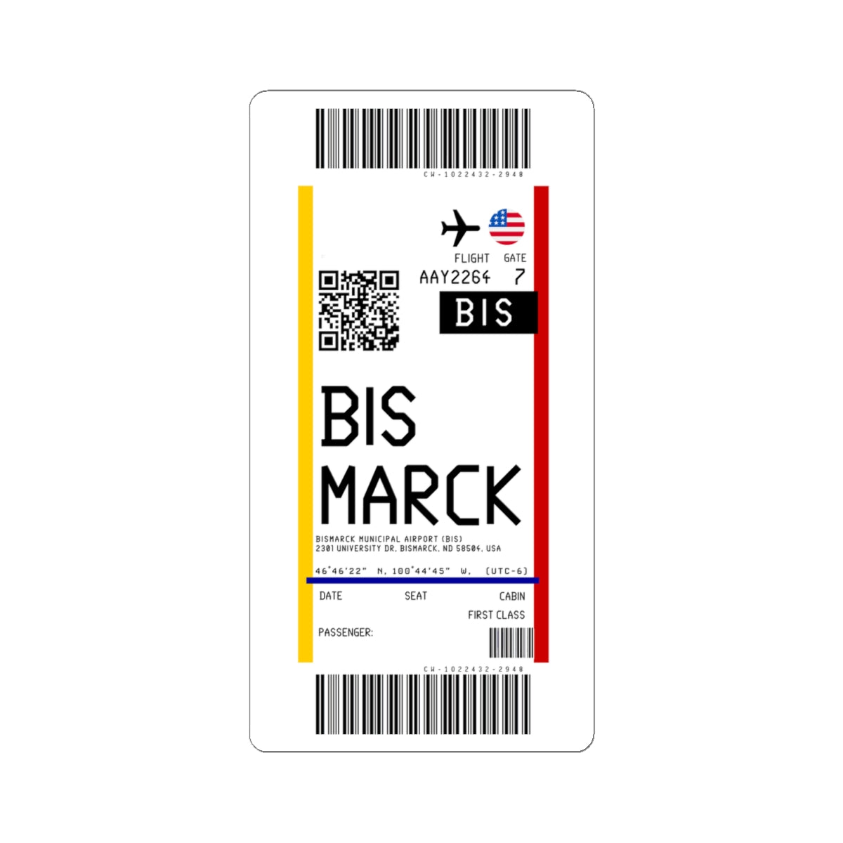 Bismarck Municipal Airport (BIS) Boarding Pass Sticker — Travel Luggage Decal