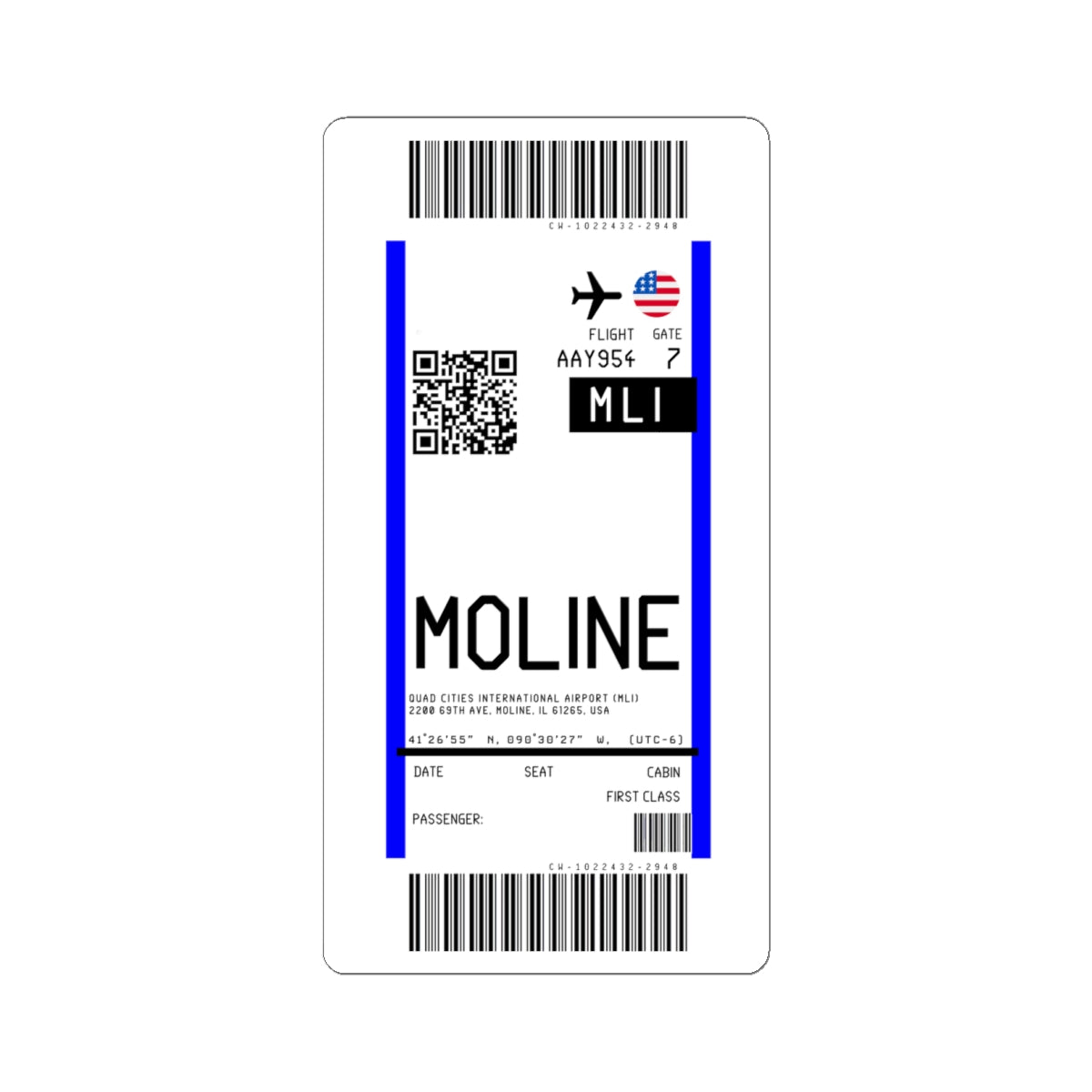Quad Cities International Airport (MLI) Boarding Pass Sticker — Travel Luggage Decal