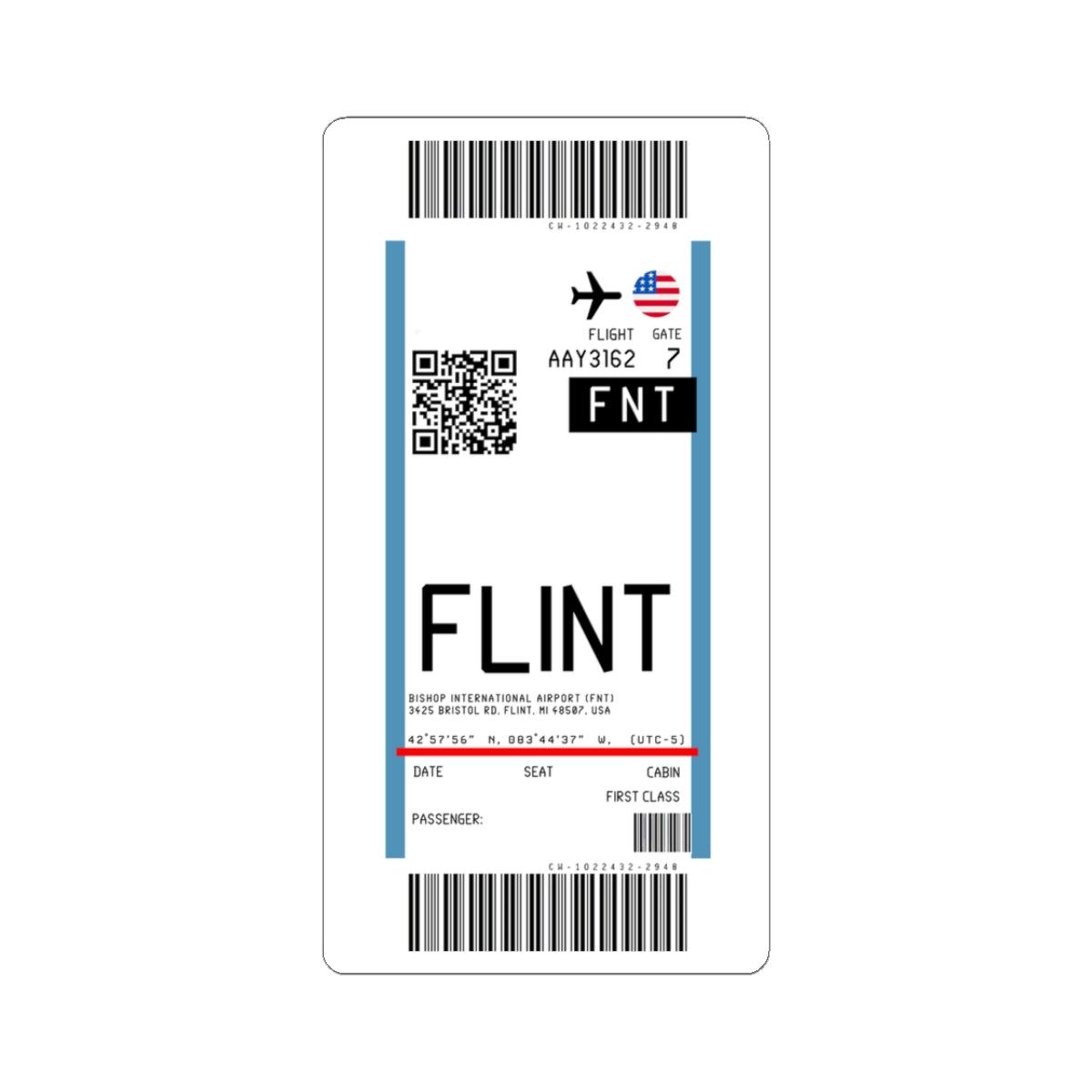 Bishop International Airport (FNT) Boarding Pass Sticker — Travel Luggage Decal