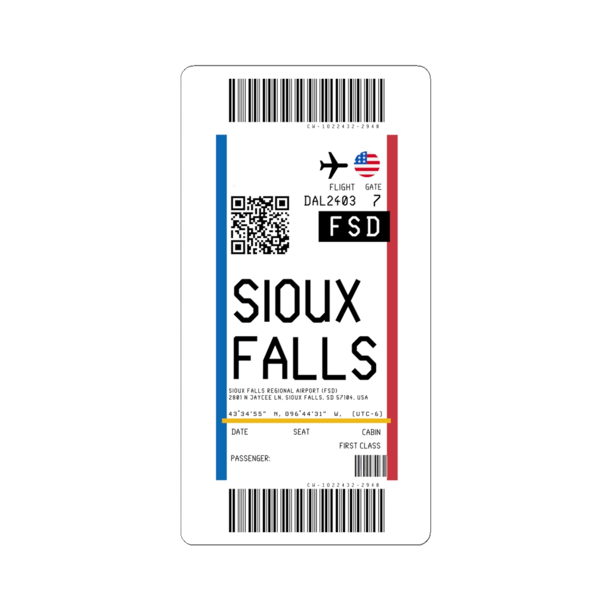 Sioux Falls Regional Airport (FSD) Boarding Pass Sticker — Travel Luggage Decal