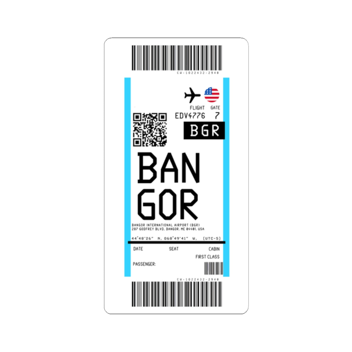 Bangor International Airport (BGR) Boarding Pass Sticker — Travel Luggage Decal