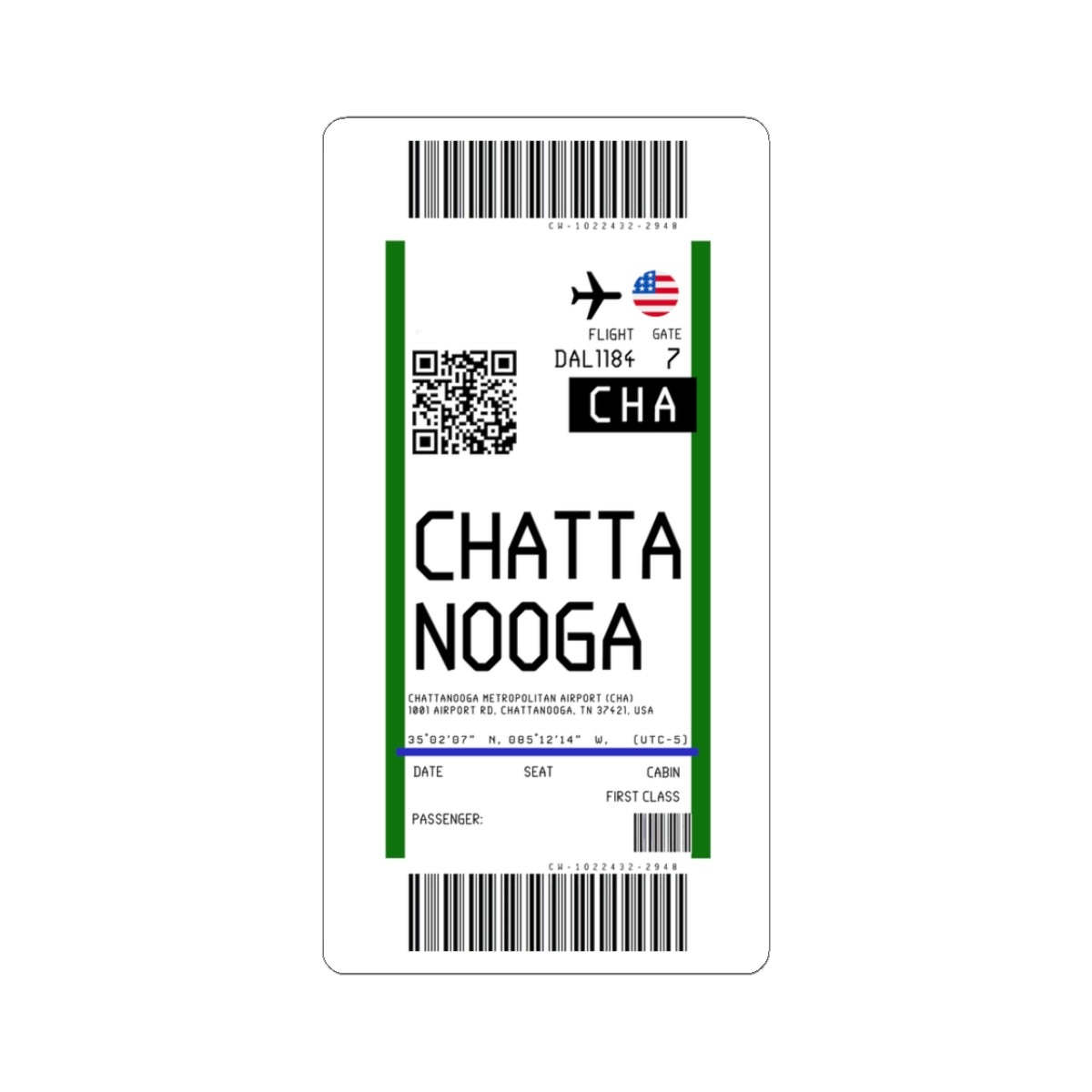 Chattanooga Metropolitan Airport (CHA) Boarding Pass Sticker — Travel Luggage Decal
