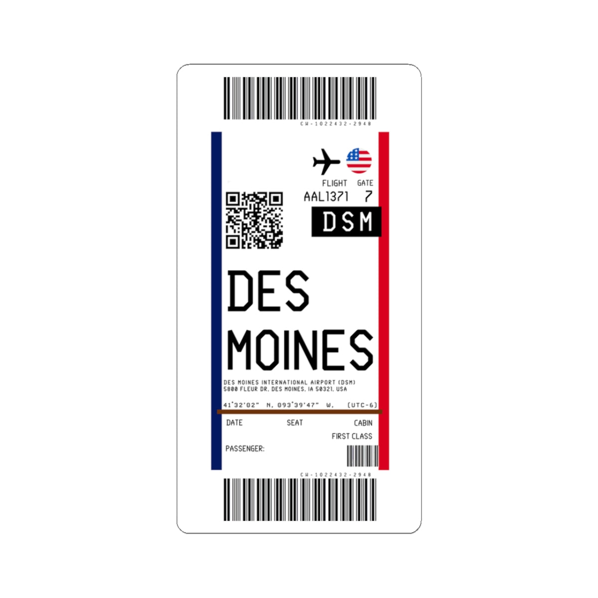 Des Moines International Airport (DSM) Boarding Pass Sticker — Travel Luggage Decal