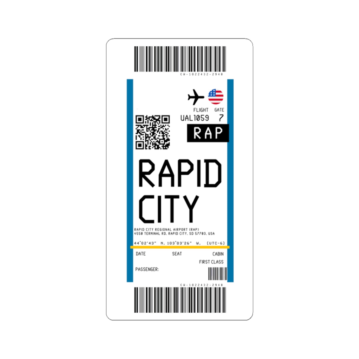 Rapid City Regional Airportt (RAP) Boarding Pass Sticker — Travel Luggage Decal