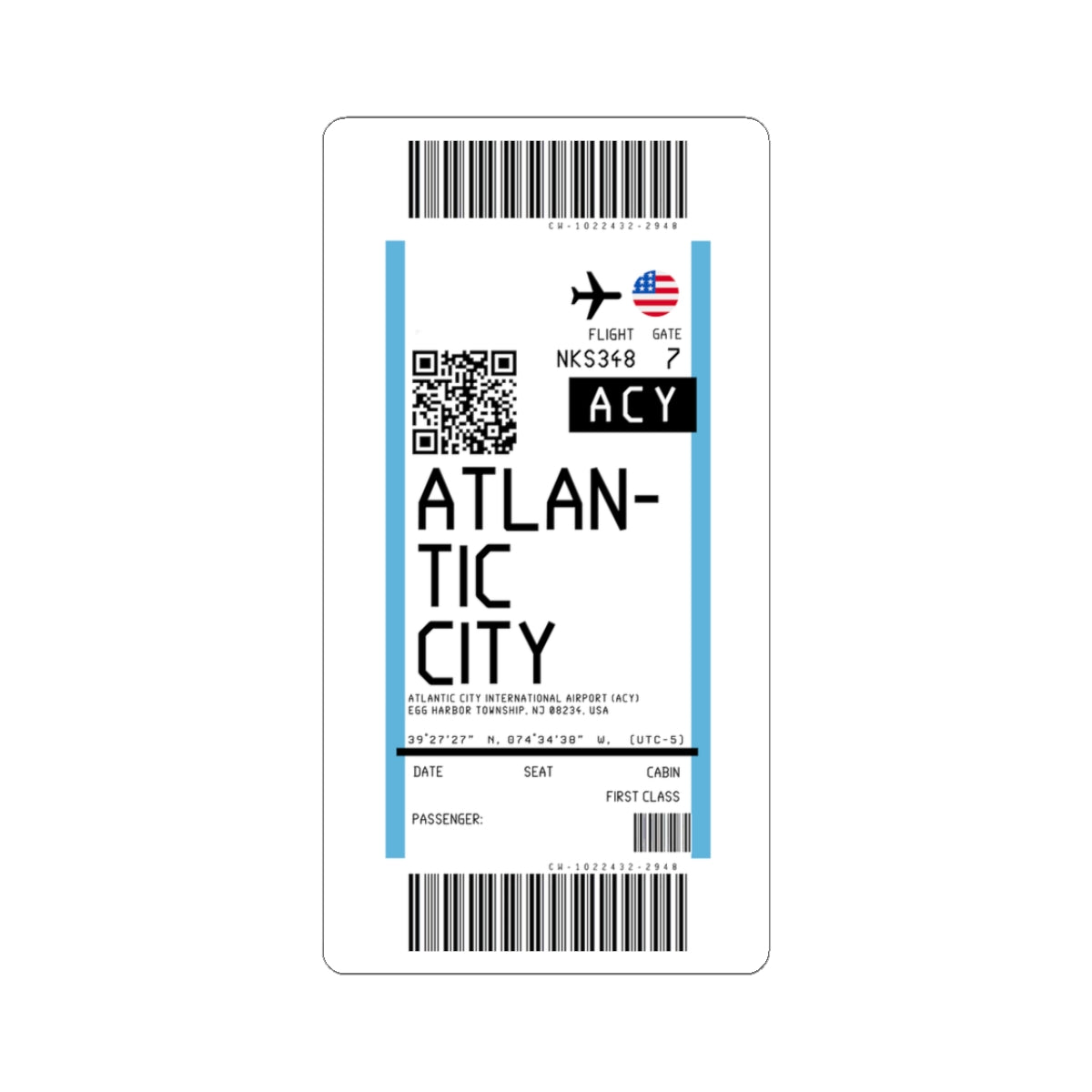 Atlantic City International Airport (ACY) Boarding Pass Sticker — Travel Luggage Decal