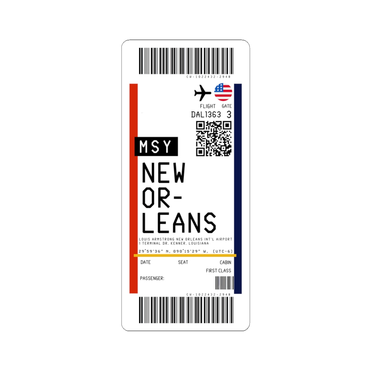Louis Armstrong New Orleans International Airport (MSY) Boarding Pass Sticker — Travel Luggage Decal