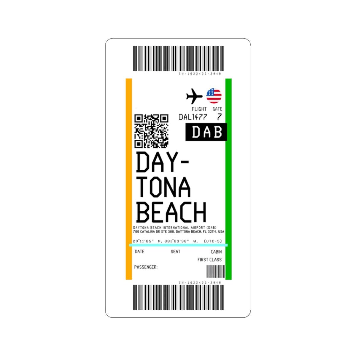 Daytona Beach International Airport (DAB) Boarding Pass Sticker — Travel Luggage Decal