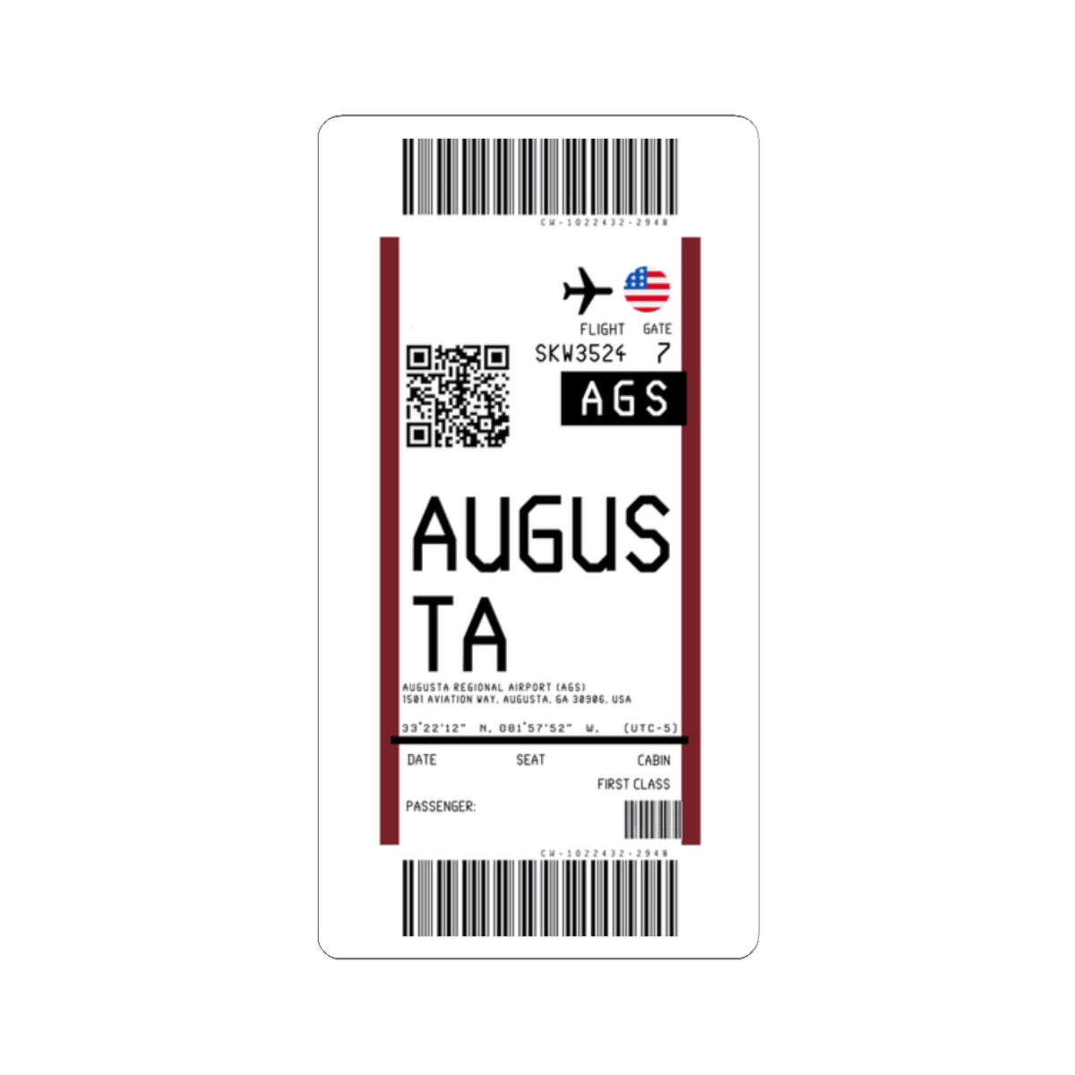 Augusta Regional Airport (AGS) Boarding Pass Sticker — Travel Luggage Decal