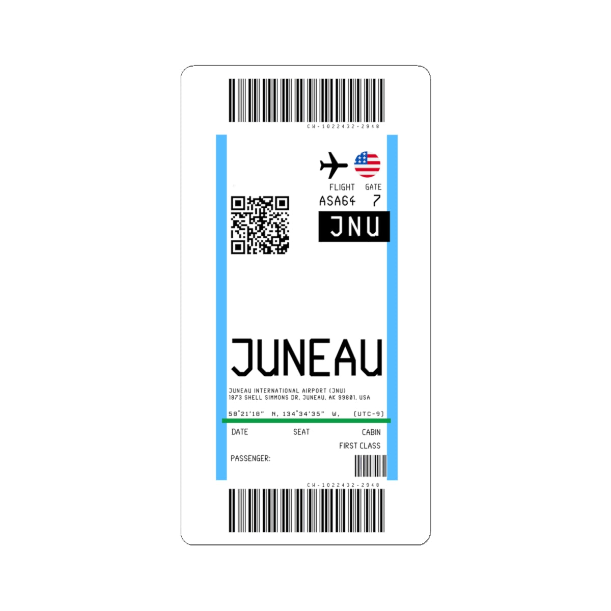 Juneau International Airport (JNU) Boarding Pass Sticker — Travel Luggage Decal