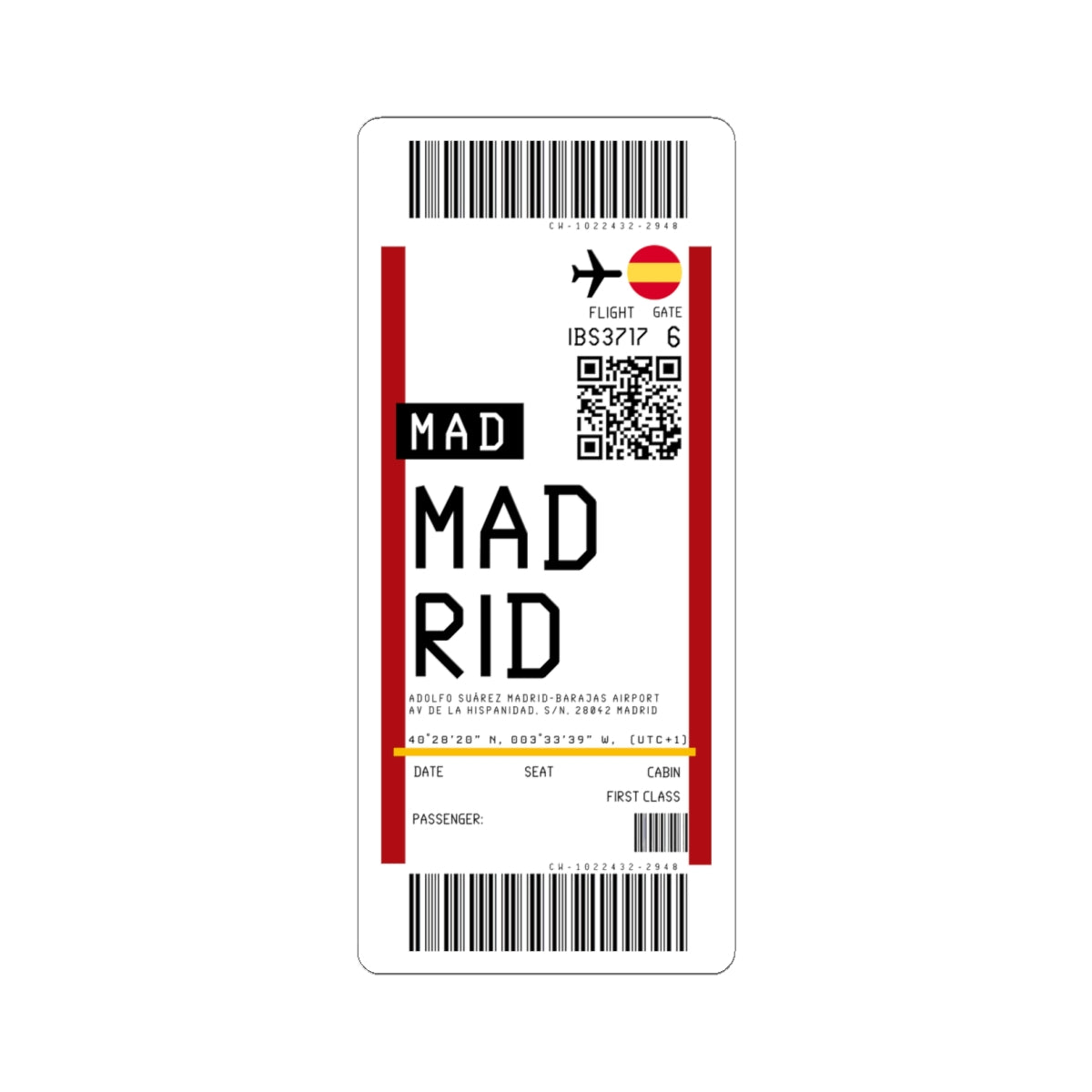 Adolfo Suárez Madrid–Barajas Airport (MAD) Boarding Pass Sticker — Travel Luggage Decal