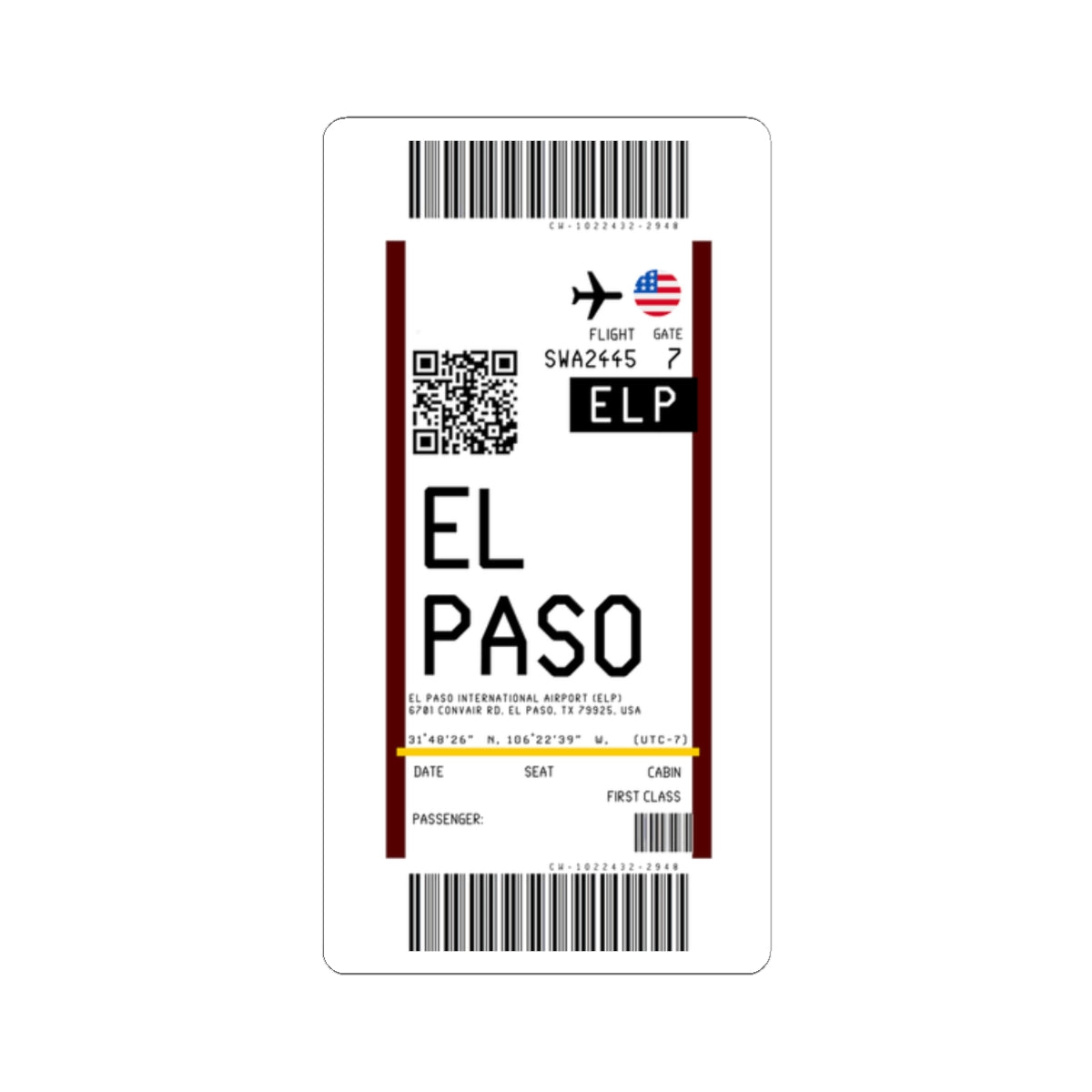 El Paso International Airport (ELP) Boarding Pass Sticker — Travel Luggage Decal