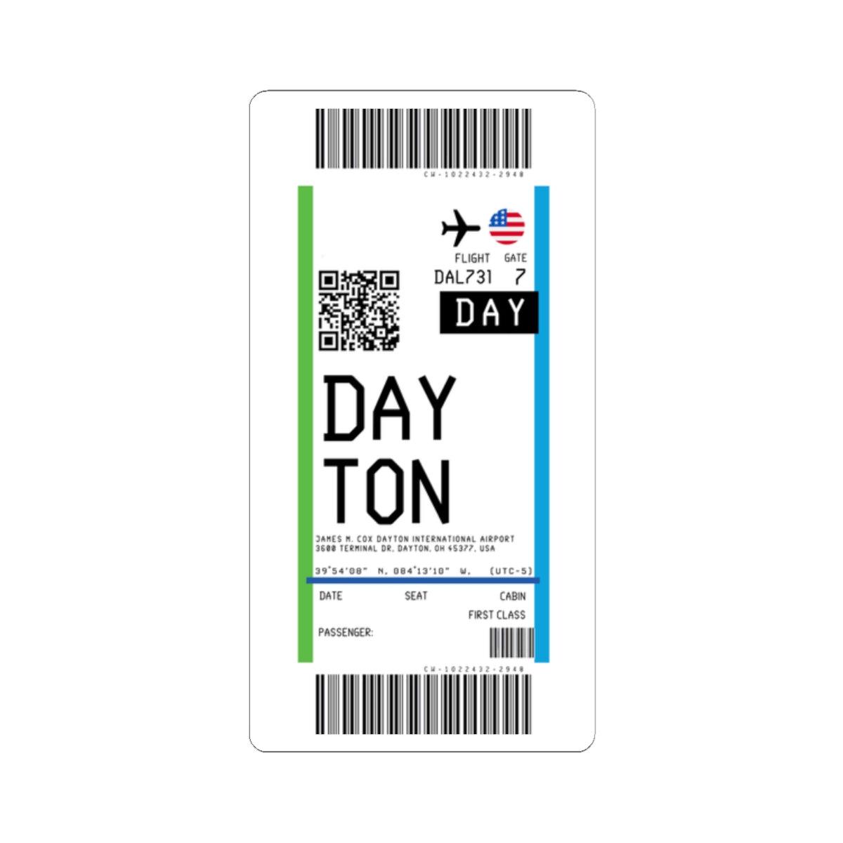 Dayton International Airport (DAY) Boarding Pass Sticker — Travel Luggage Decal