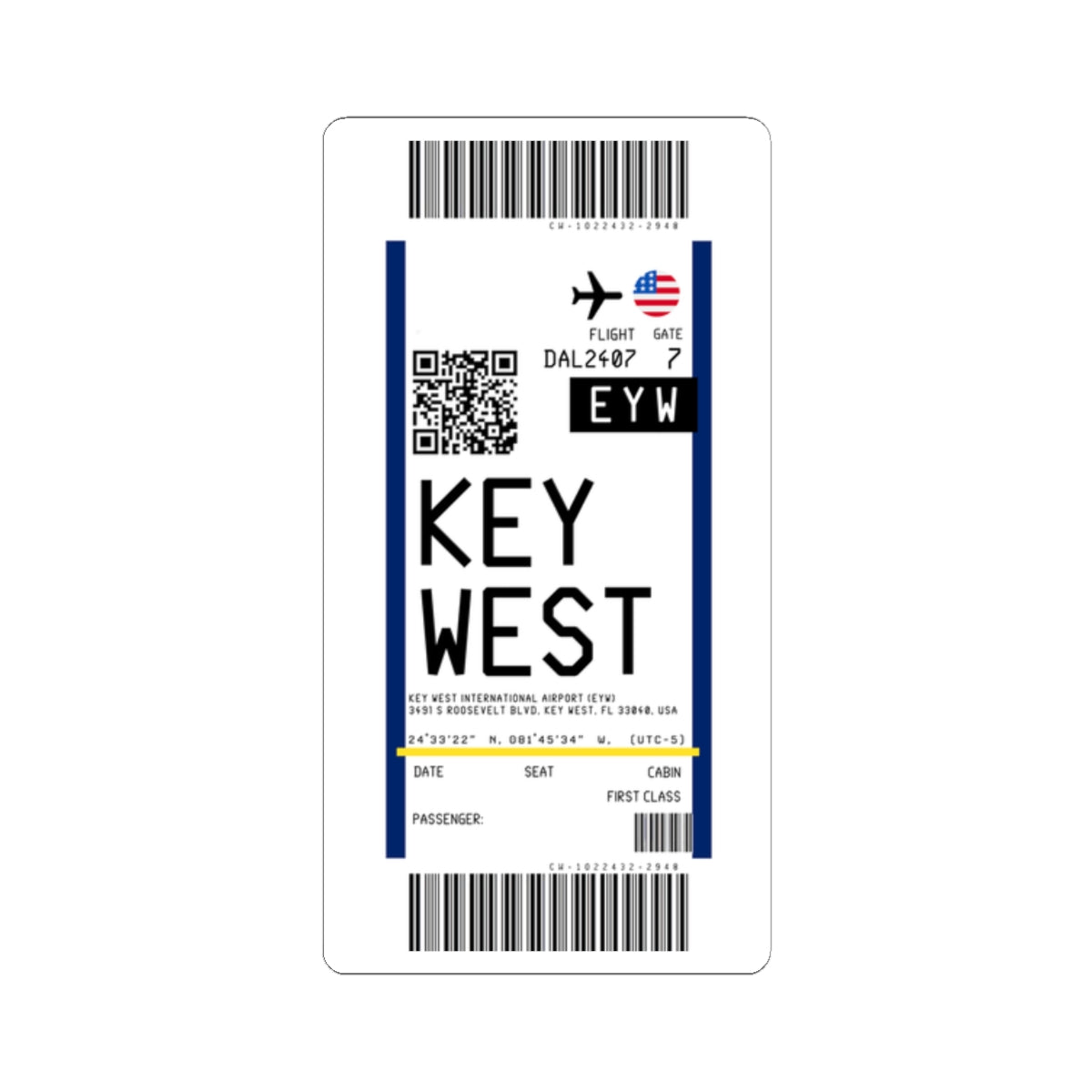 Key West International Airport (EYW) Boarding Pass Sticker — Travel Luggage Decal