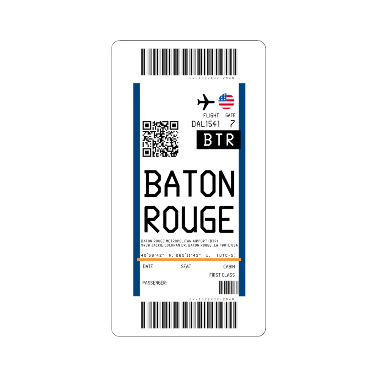 Baton Rouge Metropolitan Airport (BTR) Boarding Pass Sticker — Travel Luggage Decal