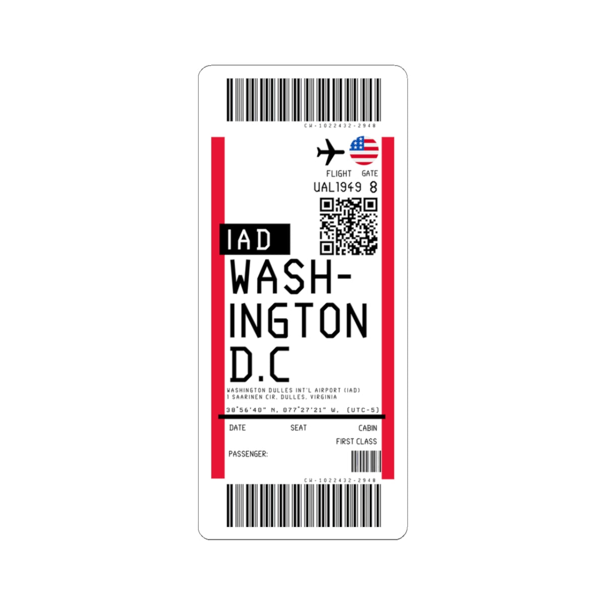 Washington Dulles International Airport (IAD) Boarding Pass Sticker — Travel Luggage Decal
