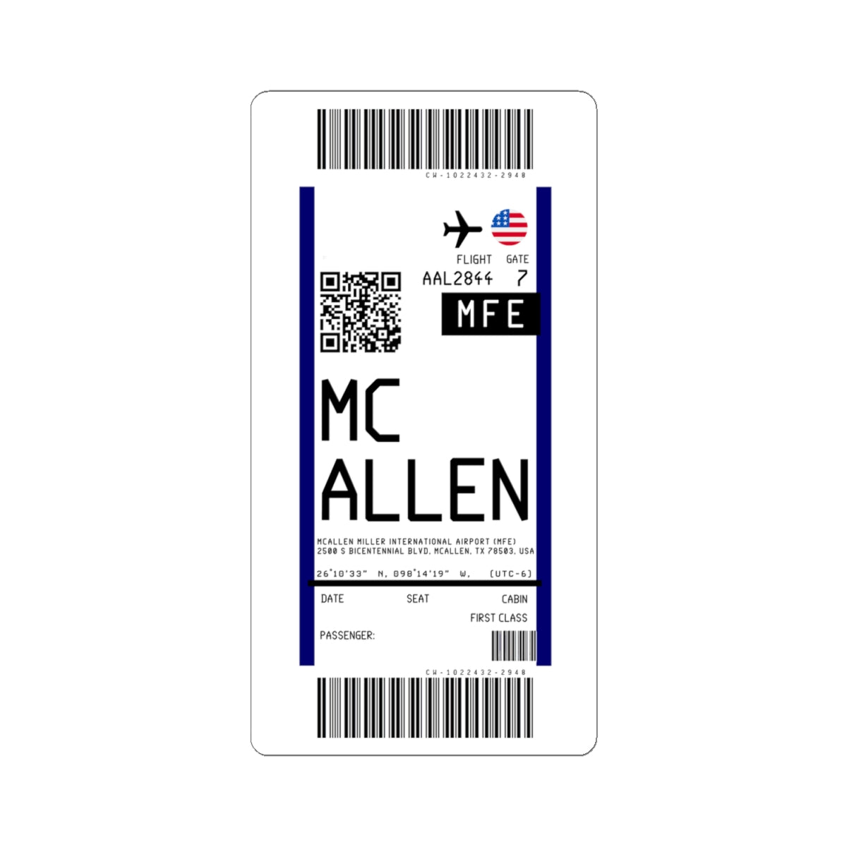 McAllen Miller International Airport (MFE) Boarding Pass Sticker — Travel Luggage Decal