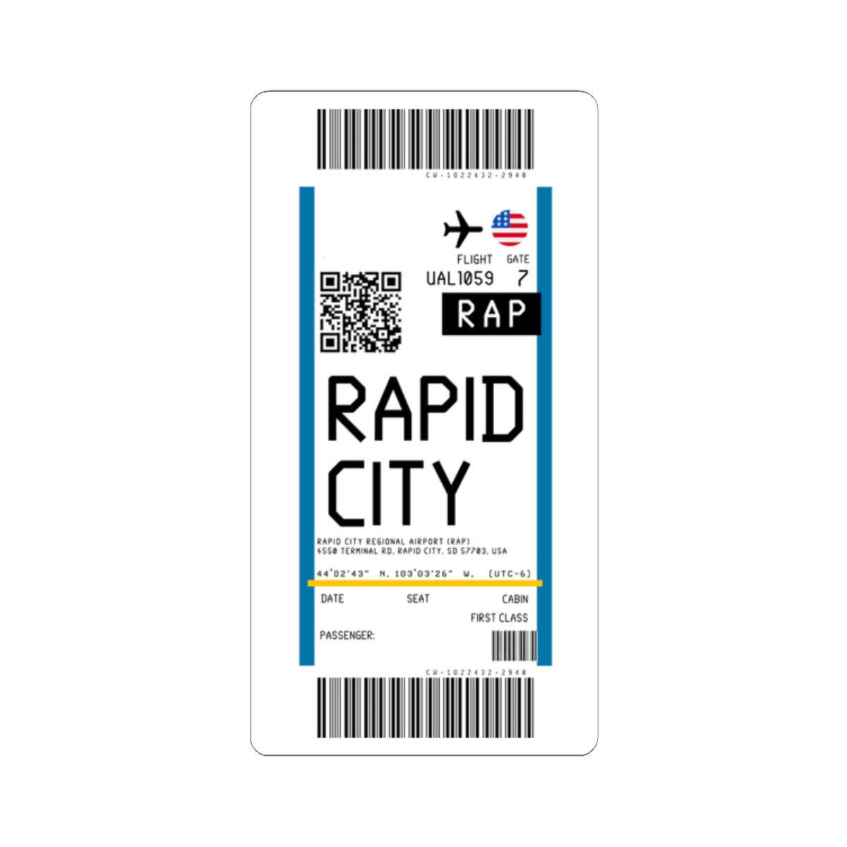 Rapid City Regional Airportt (RAP) Boarding Pass Sticker — Travel Luggage Decal