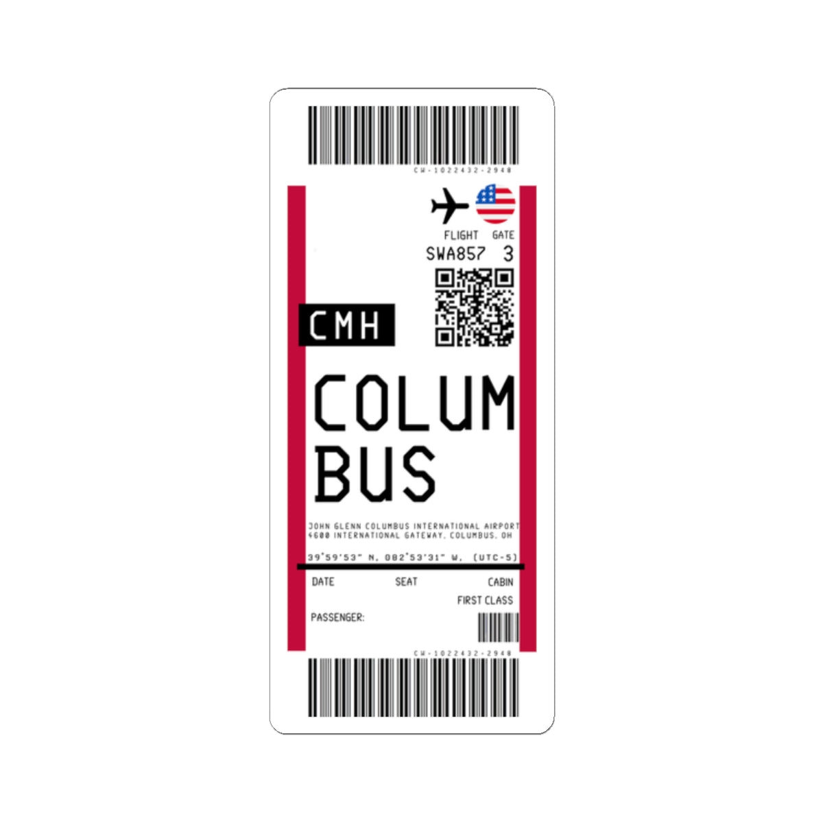 John Glenn Columbus International Airport (CMH) Boarding Pass Sticker — Travel Luggage Decal