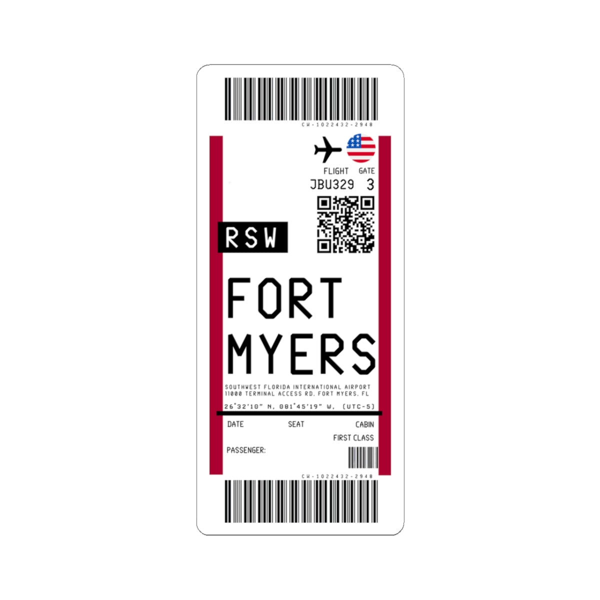 Southwest Florida International Airport (RSW) Boarding Pass Sticker — Travel Luggage Decal