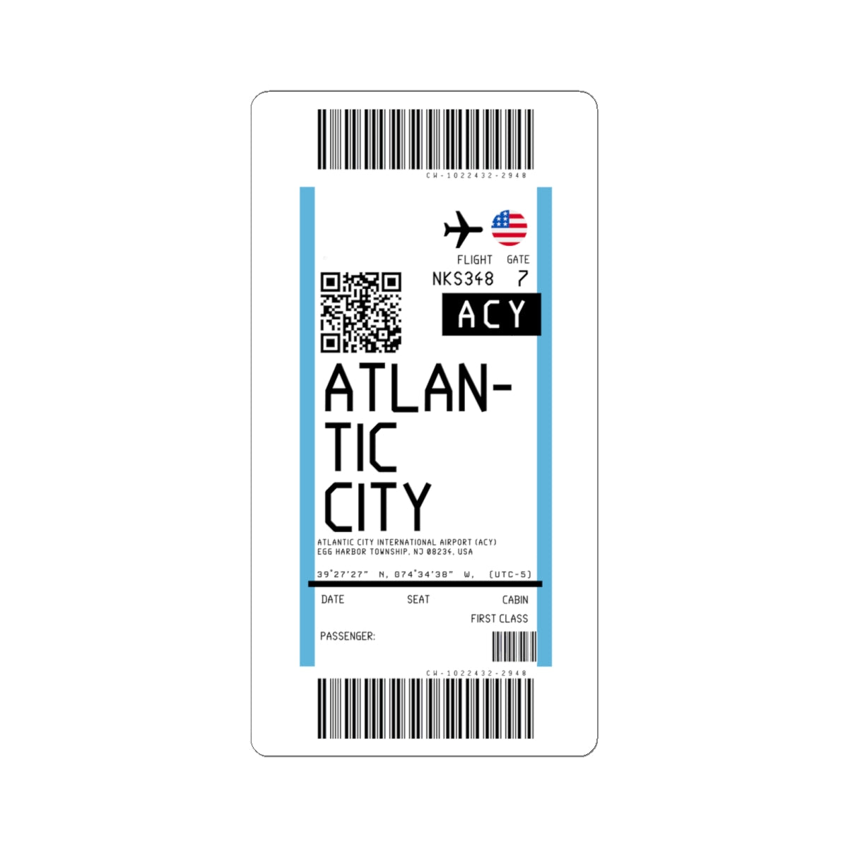 Atlantic City International Airport (ACY) Boarding Pass Sticker — Travel Luggage Decal