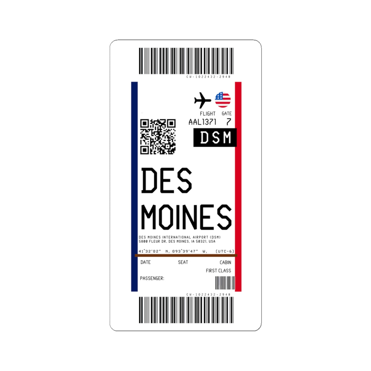 Des Moines International Airport (DSM) Boarding Pass Sticker — Travel Luggage Decal