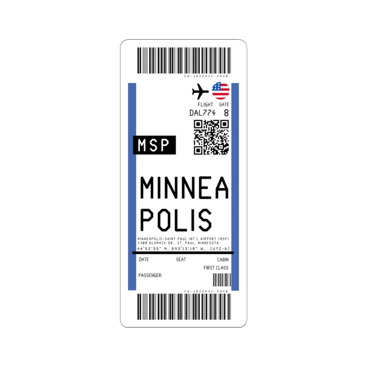 Minneapolis–Saint Paul International Airport (MSP) Boarding Pass Sticker — Travel Luggage Decal