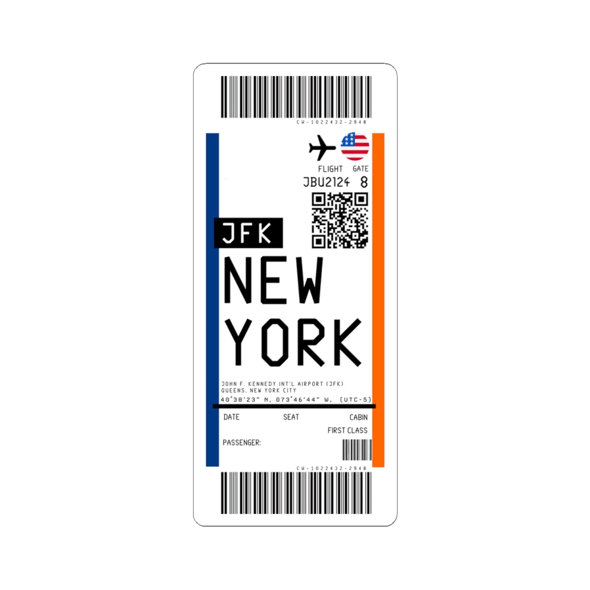 John F. Kennedy International Airport (JFK) Boarding Pass Sticker — Travel Luggage Decal