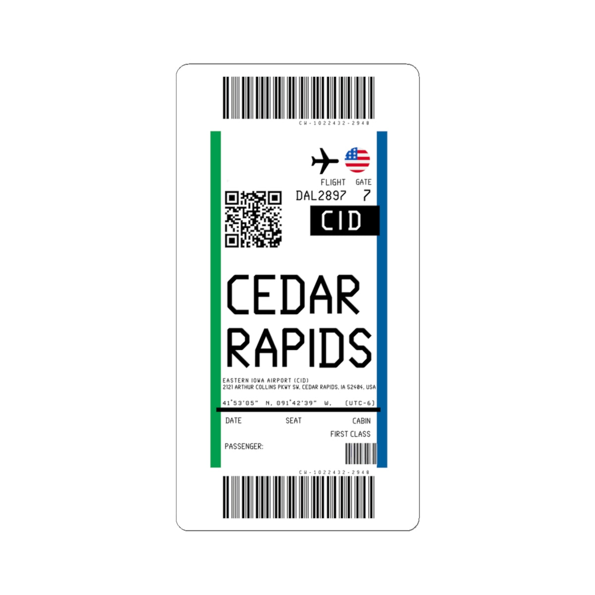 Eastern Iowa Airport (CID) Boarding Pass Sticker — Travel Luggage Decal