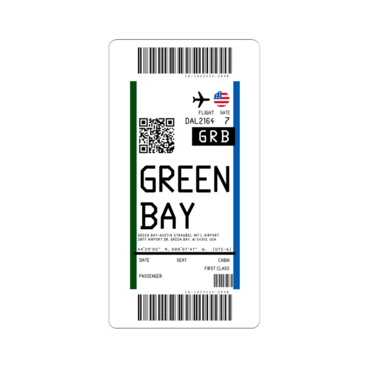 Green Bay Austin Straubel International Airport (GRB) Boarding Pass Sticker — Travel Luggage Decal
