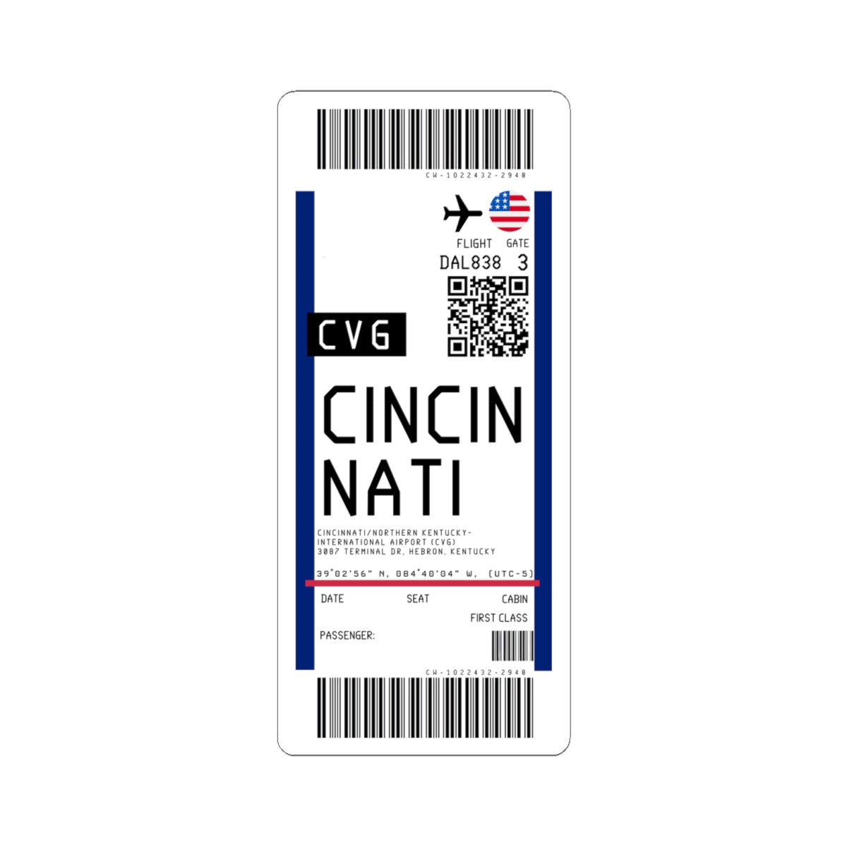 Cincinnati/Northern Kentucky International Airport (CVG) Boarding Pass Sticker — Travel Luggage Decal